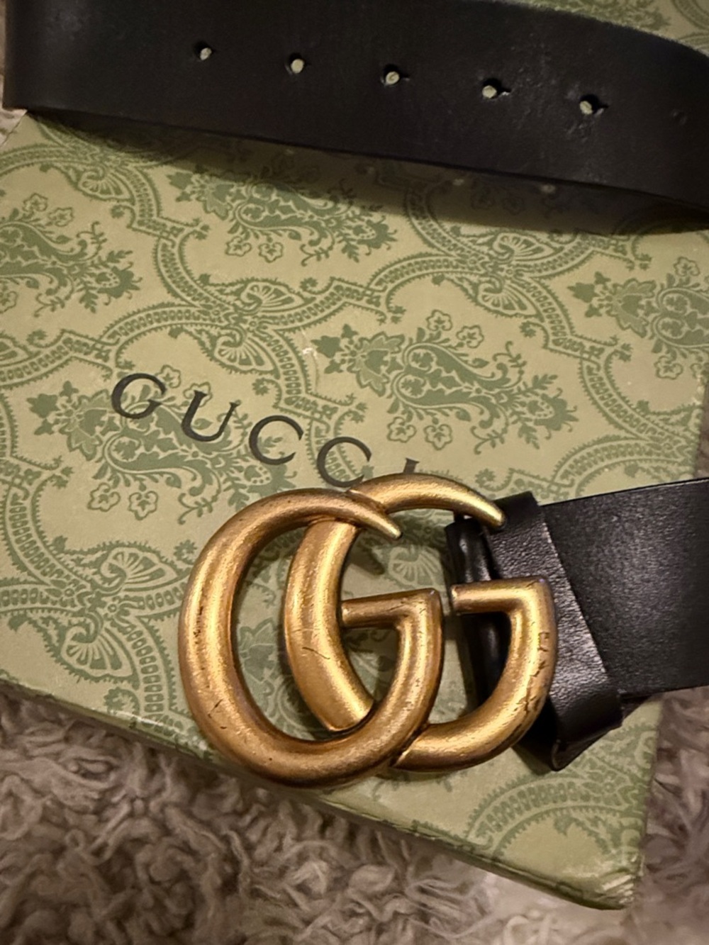 GG Black Leather Belt with Antiqued Gold Double G Buckle - Picture 3 of 5